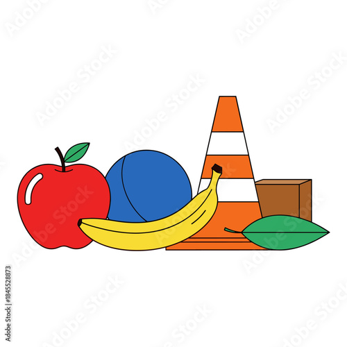 A diverse collection of everyday objects, fruits, and a traffic cone illustration