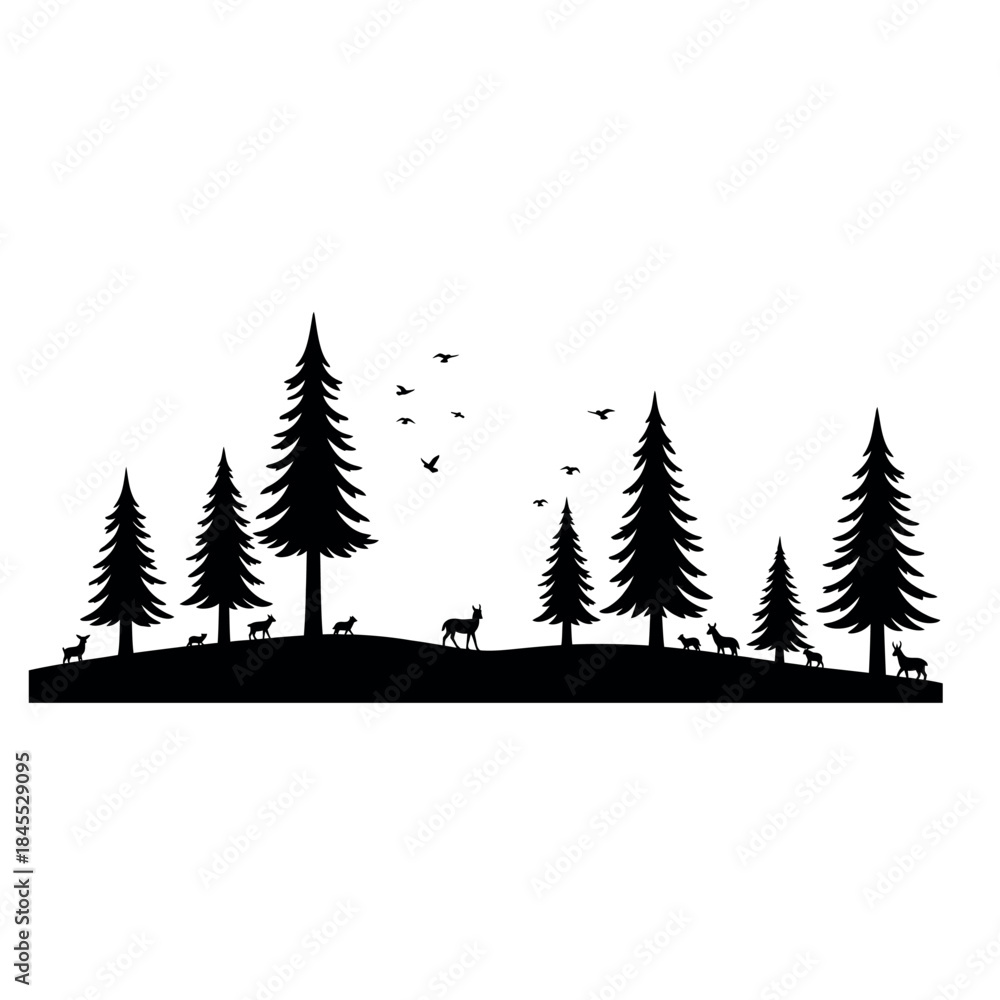 Obraz premium Pine Forest Silhouette with Deer and Birds: Black and White Nature Landscape Vector - Coniferous Trees and Wildlife Wilderness Scene Illustration