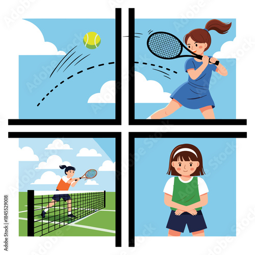 A set of illustrations depicting a young girl playing tennis and enjoying the sport