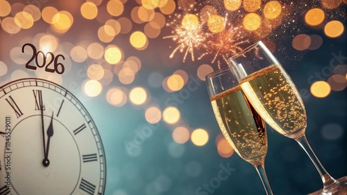 2026 - New Year Celebration With Champagne And Clock - Toast With Flutes - Abstract Defocused Bokeh Lights
