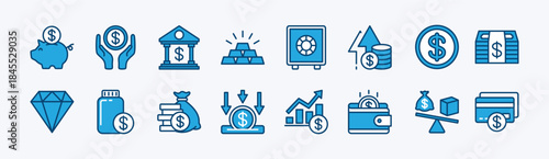 Set of finance icon. Contains piggy bank, savings, profit, safe, dollar coin, investment growth chart, currency, earning money increase, deposit, credit card, balance, gold, jewelry- illustration
