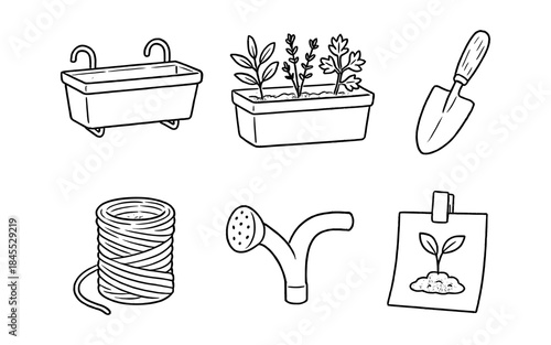 Collection of hand-drawn gardening tools and supplies for planting and growing