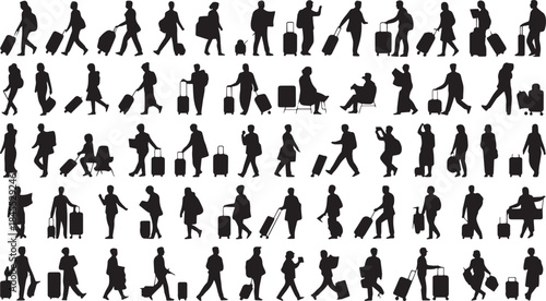 Human Silhouette Set — Travel, Tourism, Wayfinding Activities — Solid Black People Icons for Airport Signage, Navigation Systems, UI Design, and Infographics — Editable Vector Template