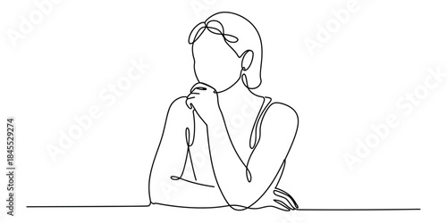 One line drawing of a woman thinking, resting chin on hand