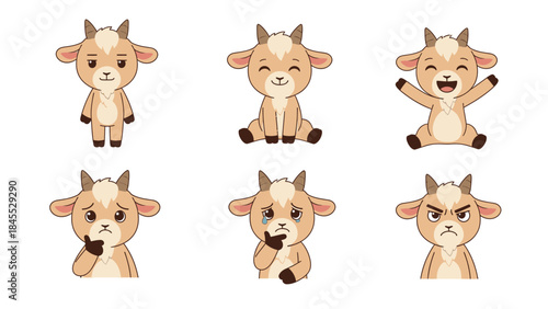 Cute cartoon goat with various facial expressions and poses  