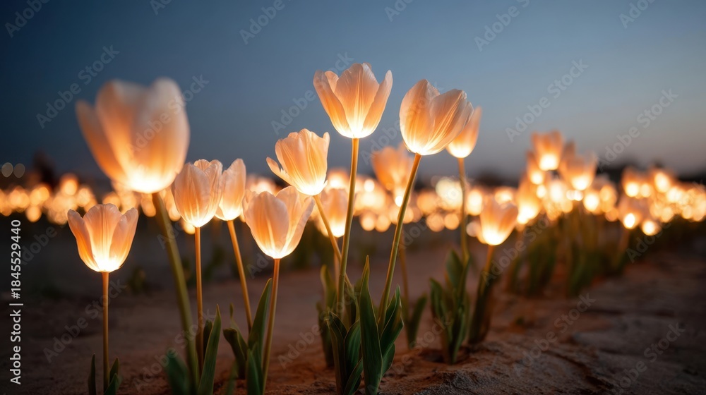 Obraz premium Dreamy tulip field with glowing bokeh