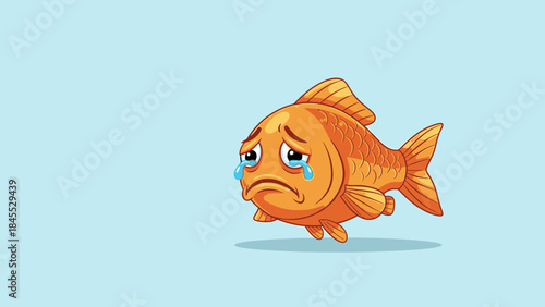 Cartoon goldfish with sad expression and tears on blue background  