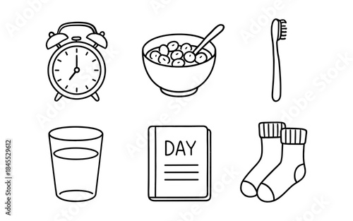 Daily routine icons: alarm clock, cereal, toothbrush, water, journal, and socks