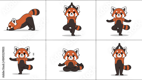 Cartoon red panda performing yoga poses in playful style  