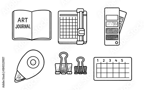 Collection of hand-drawn stationery icons for art and planning projects