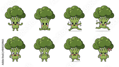 Cartoon broccoli characters displaying various emotions and actions  