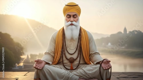 Male adult indian man meditating peacefully in traditional attire. He sits with prayer beads in a serene outdoor setting at sunrise. Ideal for spiritual and wellness themes