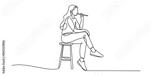 Continuous line drawing of woman sitting on stool holding microphone