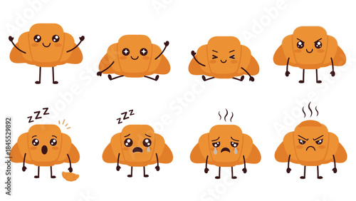 Cartoon croissant character showing various emotions and actions  