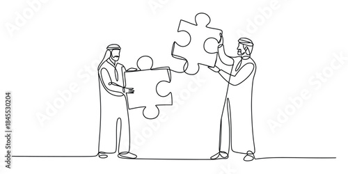 Two arab men connecting puzzle pieces in one line art style
