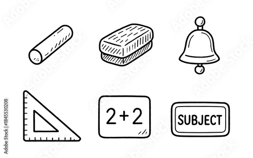 Hand-drawn school supplies and educational icons on a white background