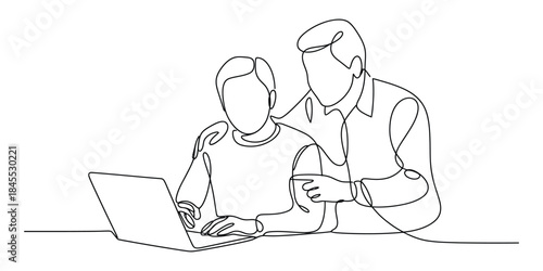 One line drawing of father and son using laptop together for learning or work