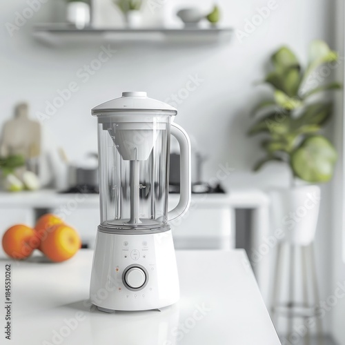 realistic product photo of modern blender on clean white kitchen counter, lifestyle home aesthetic