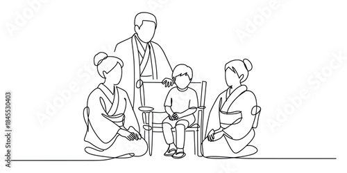 Japanese family portrait parents and child in traditional attire line art