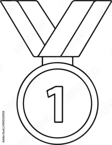 Outline Icon Showing a Circular First Place Medal with the Number 1 and a Neck Ribbon.