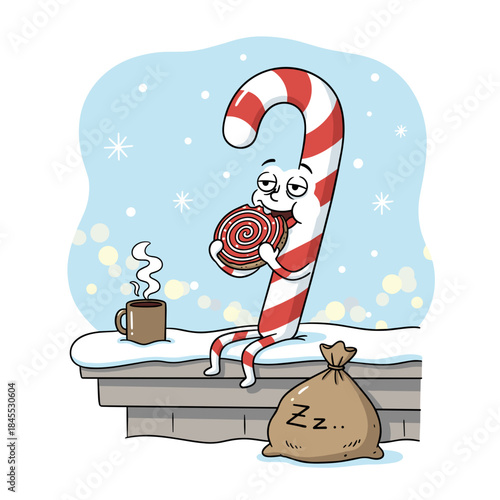 Cartoon candy cane character enjoying a lollipop by snowy rooftop  