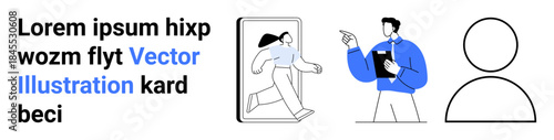 Digital identity, online communication, user interface design, technology integration, teamwork, and modern networking. A person stepping out of a phone and a professional interacting. Digital