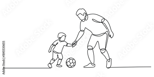 Father and son playing soccer one line drawing art