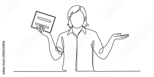 Woman holding a document and gesturing with open hands, one line art