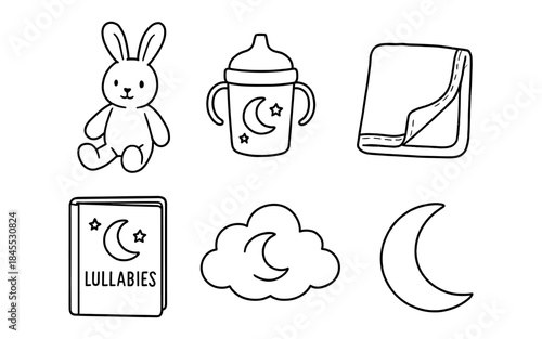 Cute baby bedtime icons including a bunny, sippy cup, blanket, book, cloud, and moon