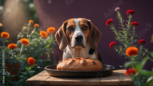 A beagle dog sitting at a rustic wooden table with a cake surrounded by colorful flowers in a sunlit garden