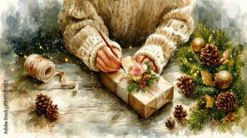 Female hands wrapping and writing Christmas gift tag with festive pine decor, vintage New Year watercolor greeting card