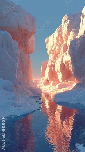 Ice formations reflect light in a narrow waterway at dusk near the frozen landscape