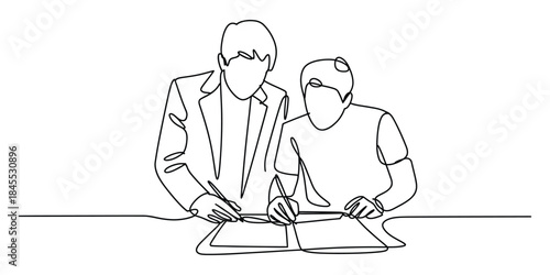 Two people signing a document, oneline continuous drawing style