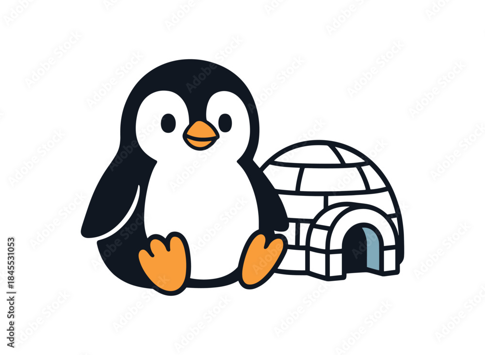Obraz premium Flat vector illustration of bright sitting beside small igloo icon cozy polar home vibe