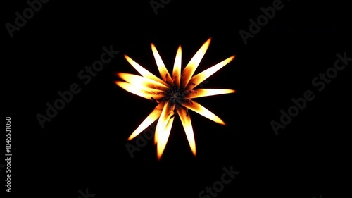 The flame of many candles in the form of a rotating flower bud, isolated on a black background. Creative 4K video 60 fps.
