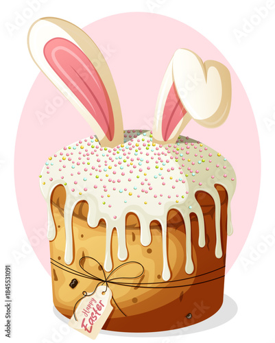 Cute Paska Bread Cake with Bunny Ears, Happy Easter Gift Tag with Ribbon, Dripping Cream Icing and Colorful Sprinkles – Traditional Holiday Dessert Vector Illustration