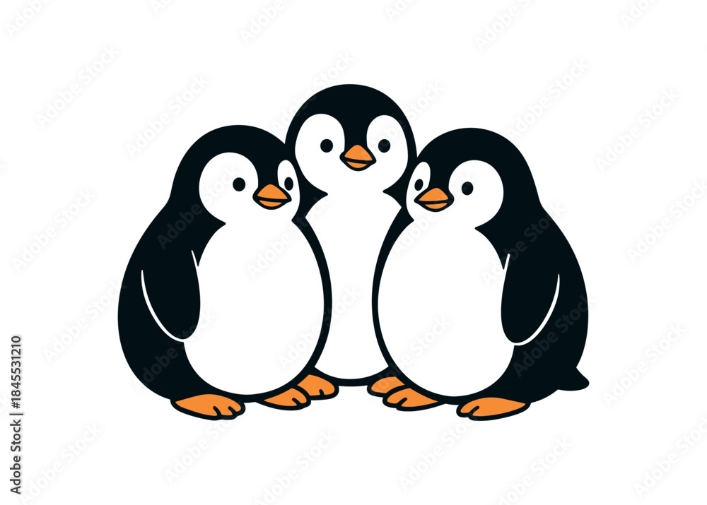 Fototapeta premium Flat vector illustration of bright trio huddling close for warmth rounded bodies touching