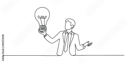 Businessman holding a light bulb in continuous line drawing style