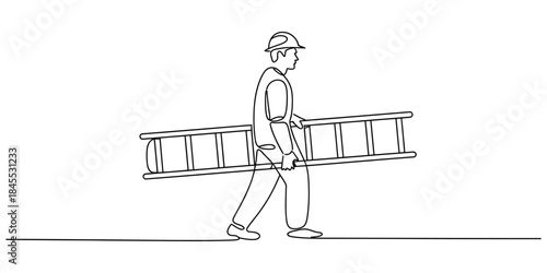 Construction worker carrying ladder in continuous line drawing style
