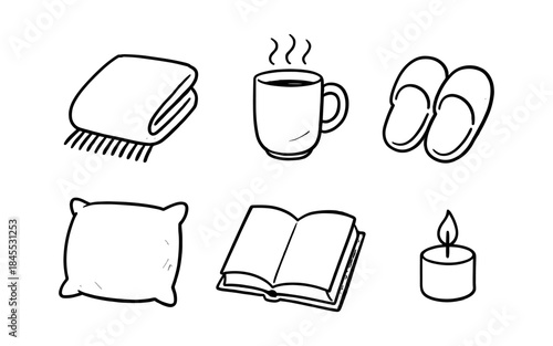 Cozy hygge elements for relaxation and comfort, hand-drawn style
