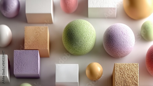 Colorful shapes and textures arranged on a flat surface in a well-lit setting during daylight in a studio environment