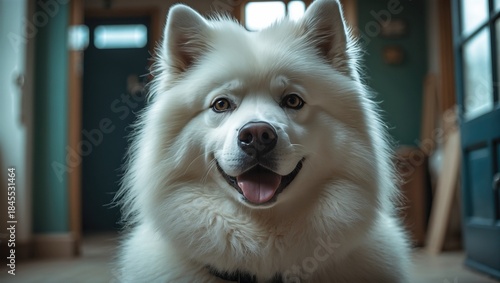 Portrait of a cheerful fluffy dog showcasing its white coat and bright eyes in a cozy indoor setting