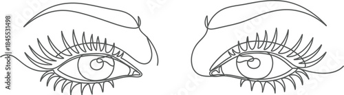 Minimalist continuous line drawing depicting a pair of expressive eyes with long lashes