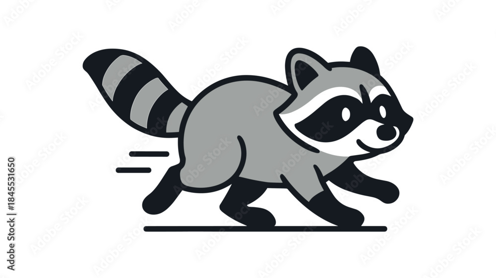 Fototapeta premium Flat vector illustration of bright raccoon running fast with tiny motion lines and tail streaming