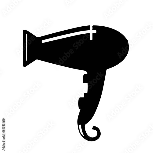 Black hair dryer icon on a white background, modern and minimalistic design, copy space