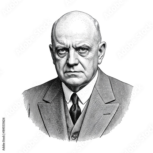 Black and white vintage engraving, close-up headshot portrait of Jean Sibelius, the famous historical Finnish classical music composer, white background, greyscale