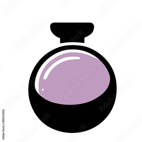 Black and purple perfume bottle icon on a white background, modern design, copy space