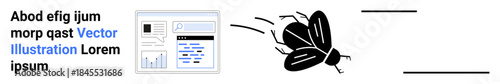 Software development, debugging, tech problems, digital errors, cybersecurity, code issues. Flying insect near a computer interface with chart elements. Debugging and tech problems related concept