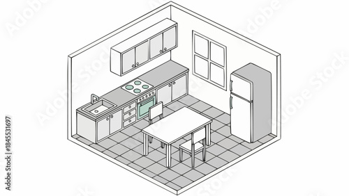 Isometric view of a compact kitchen interior design with modern appliances and furniture.