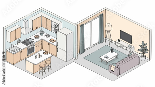 Modern open plan kitchen and living room interior design isometric view.